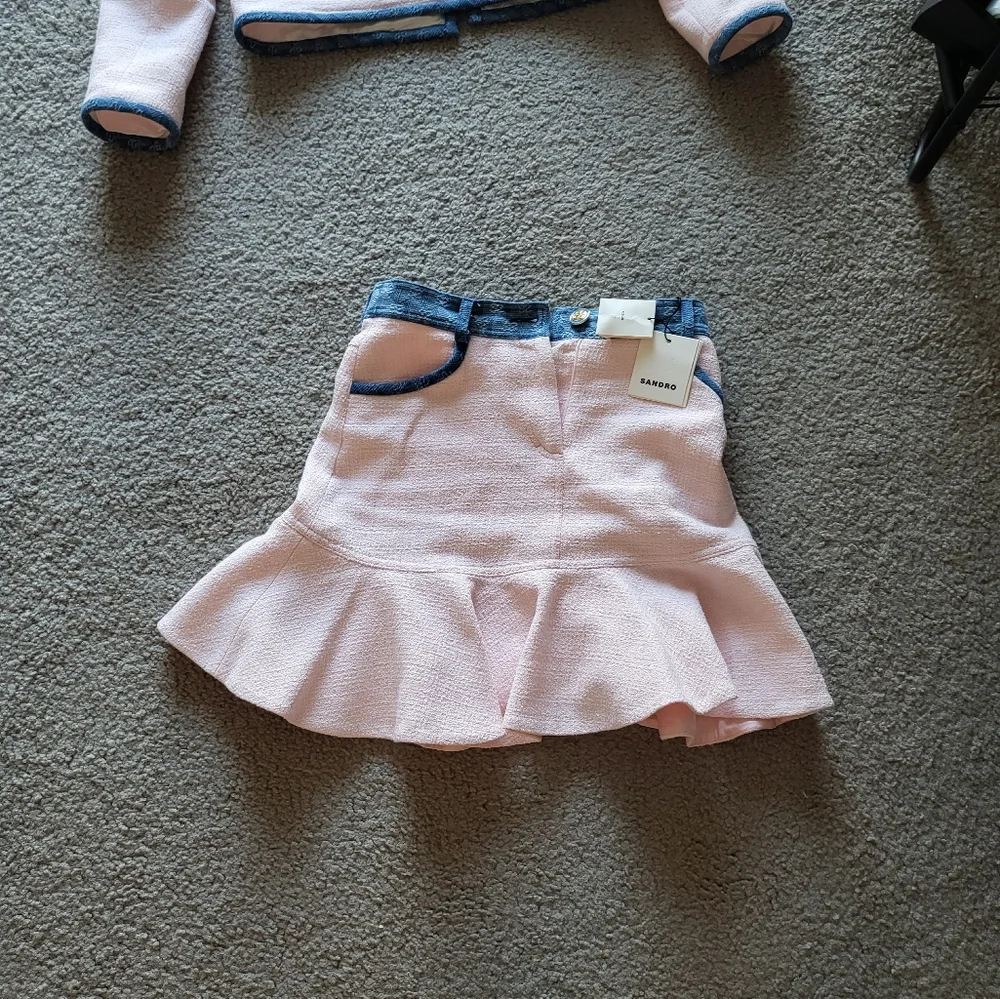 NWT Sandro Short mixed-material olene Contrast Pink Trim Mini Skirt Size 0